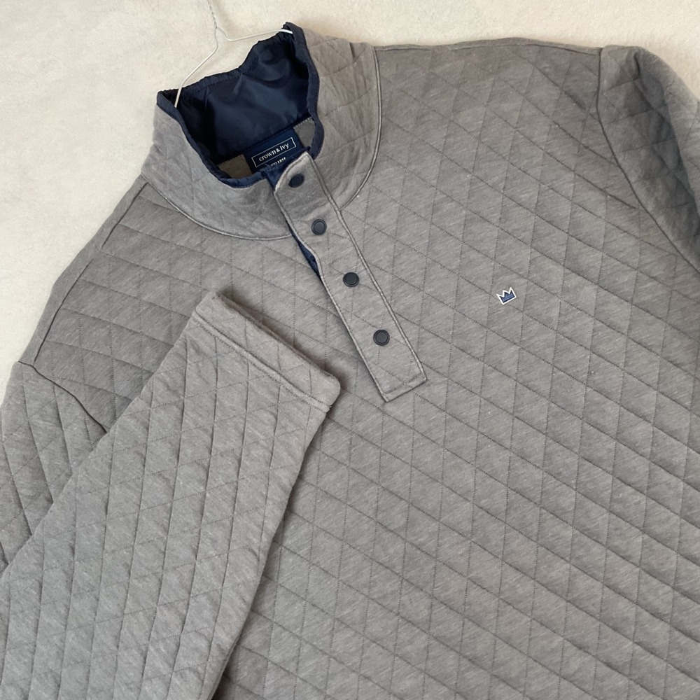 Crown & Ivy Mens XXL Gray Quilted Snap Mock Neck Pullover Sweatshirt
